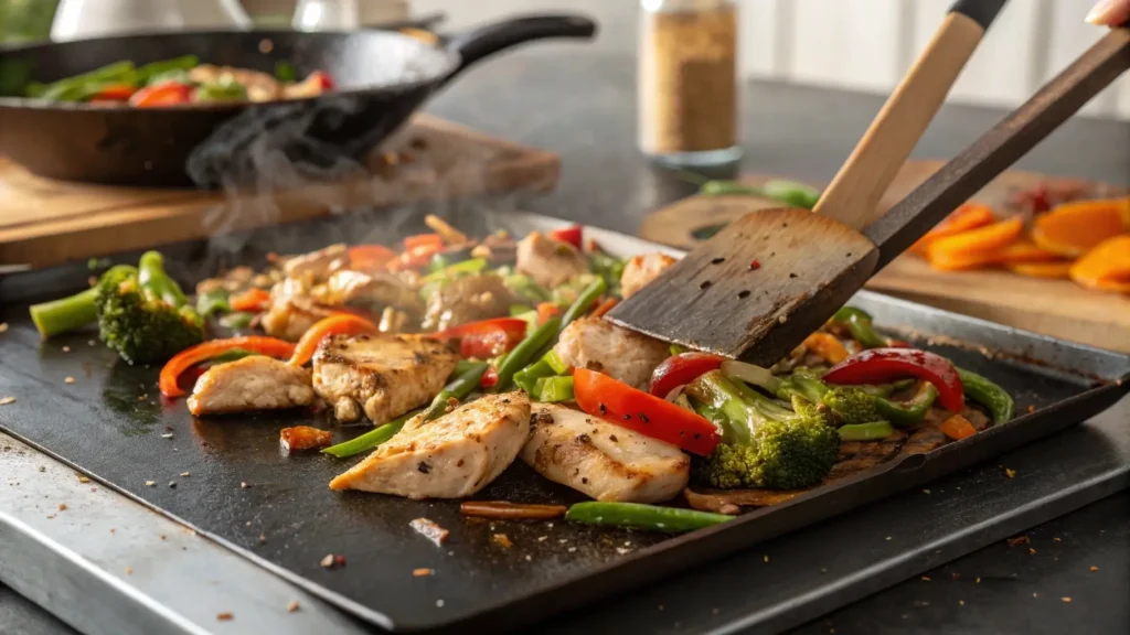 Chicken and vegetables cooking on a Blackstone griddle