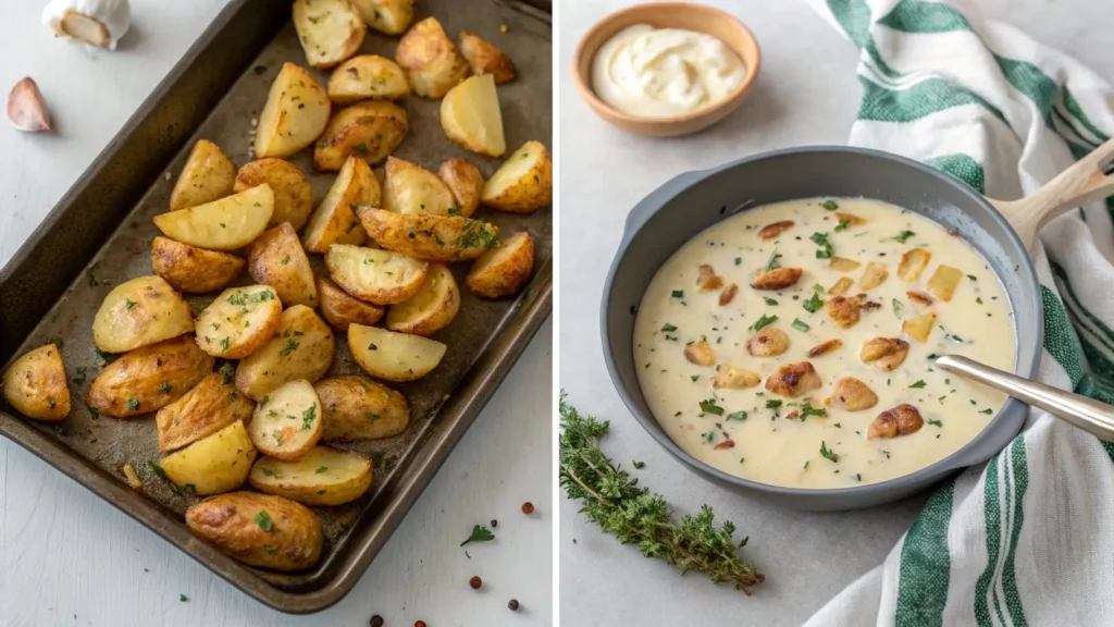 Oven-roasted and skillet-cooked creamy garlic sauce baby potatoes.