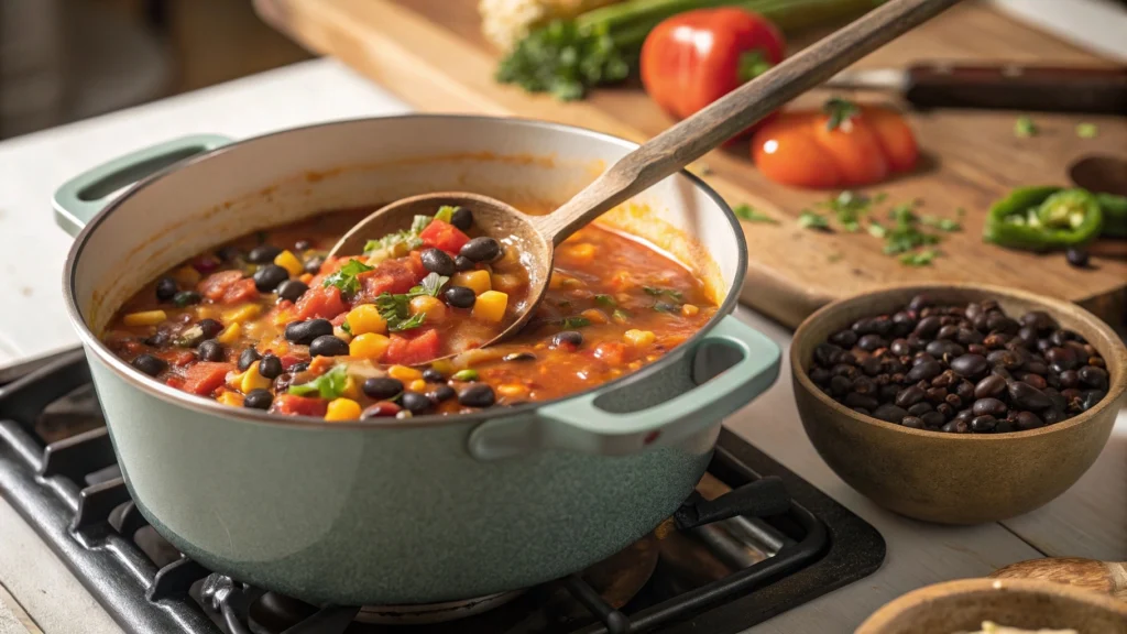 Purple black bean soup cooking in a pot with vegetables and beans