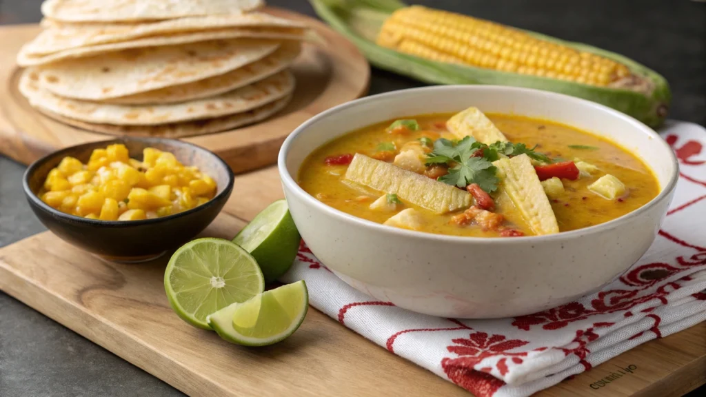 A bowl of El Salvadoran corn soup served with tortillas and plantains