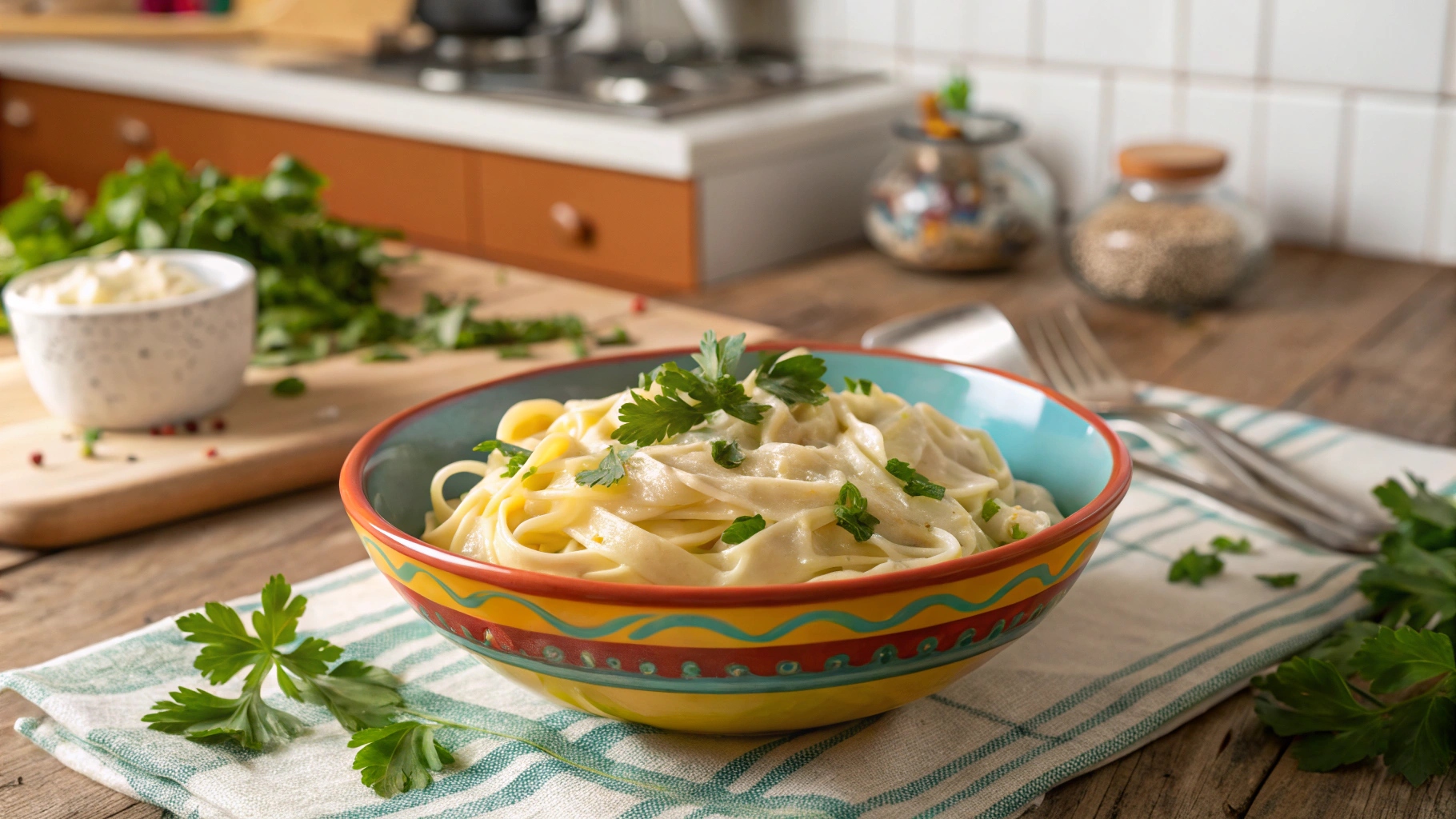 Bowl of creamy cottage cheese Alfredo pasta with parsley garnish