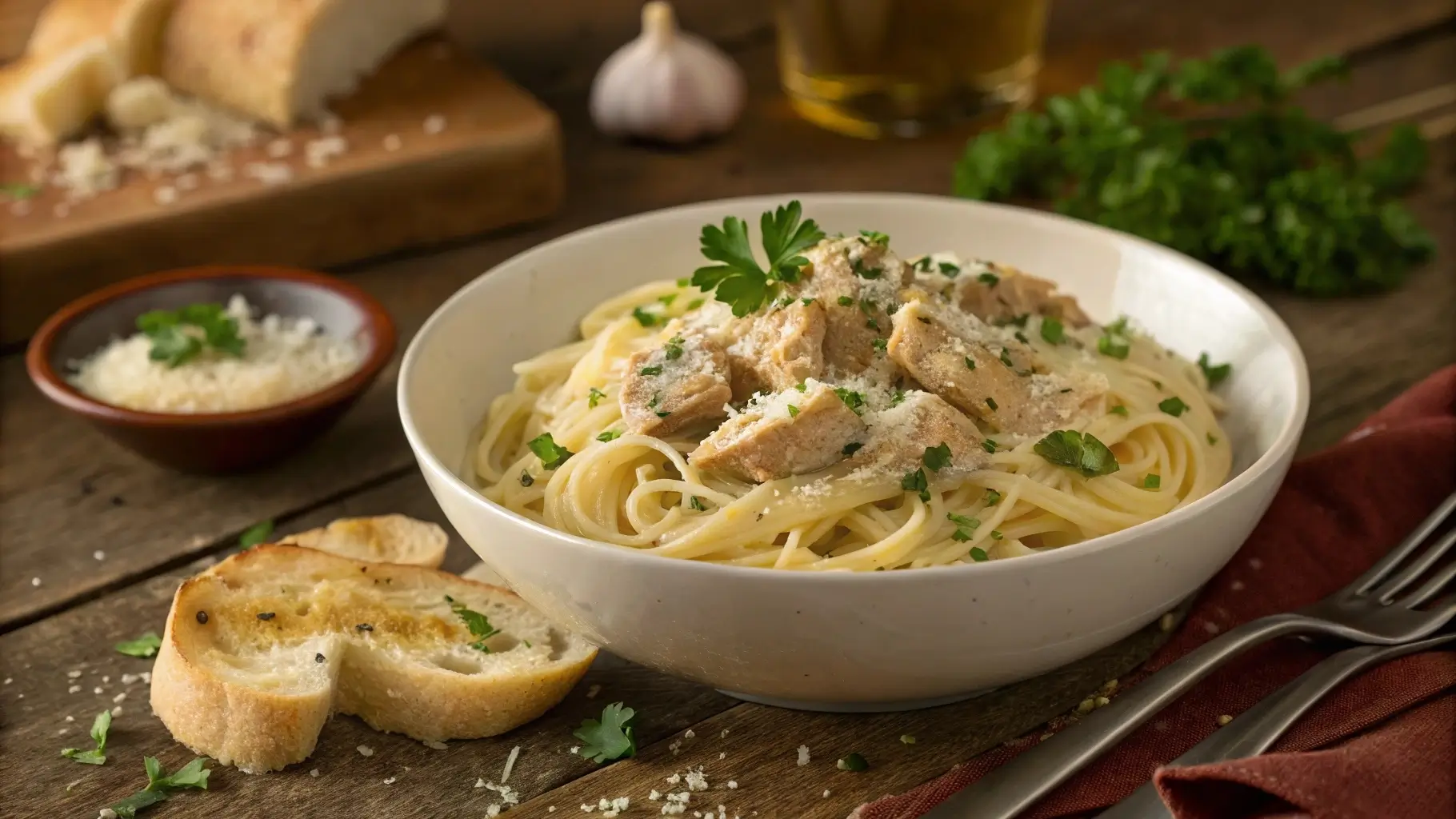 Bowl of creamy garlic parmesan chicken pasta with parsley garnish