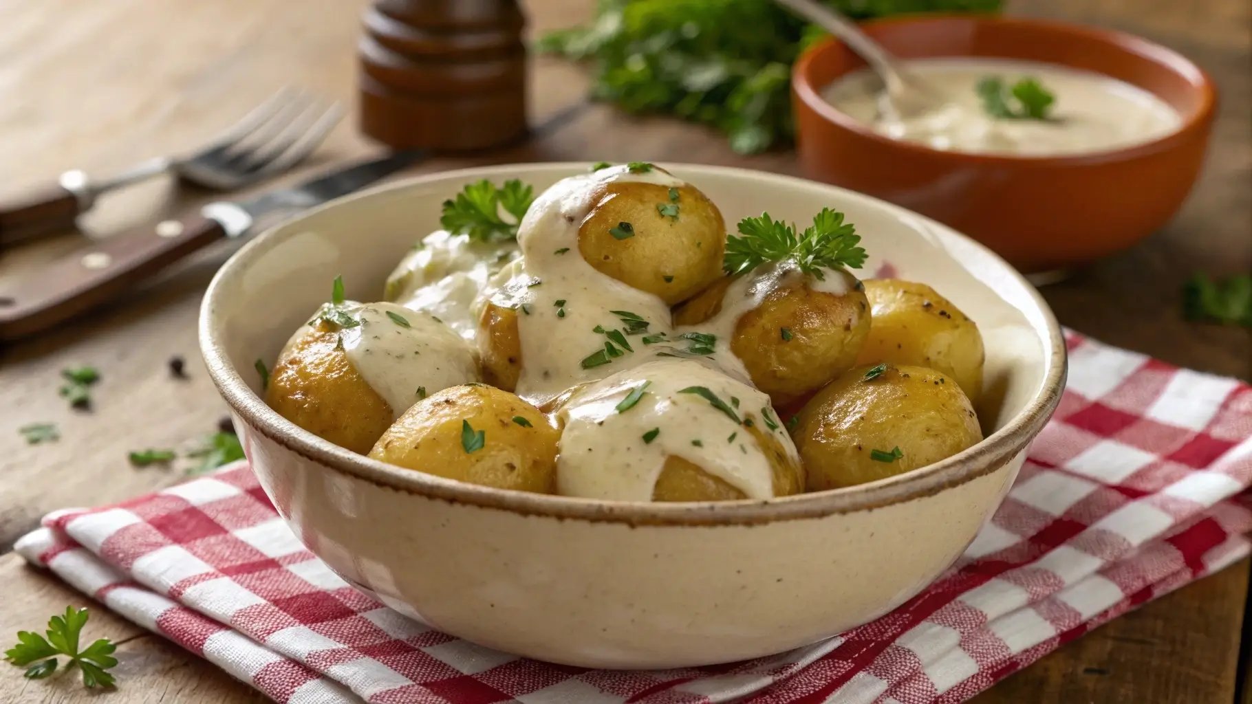 Bowl of creamy garlic sauce baby potatoes garnished with parsley.