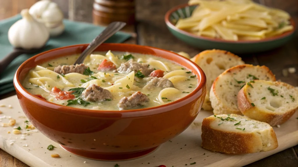 Bowl of Creamy Parmesan Italian Sausage Soup with pasta and bread