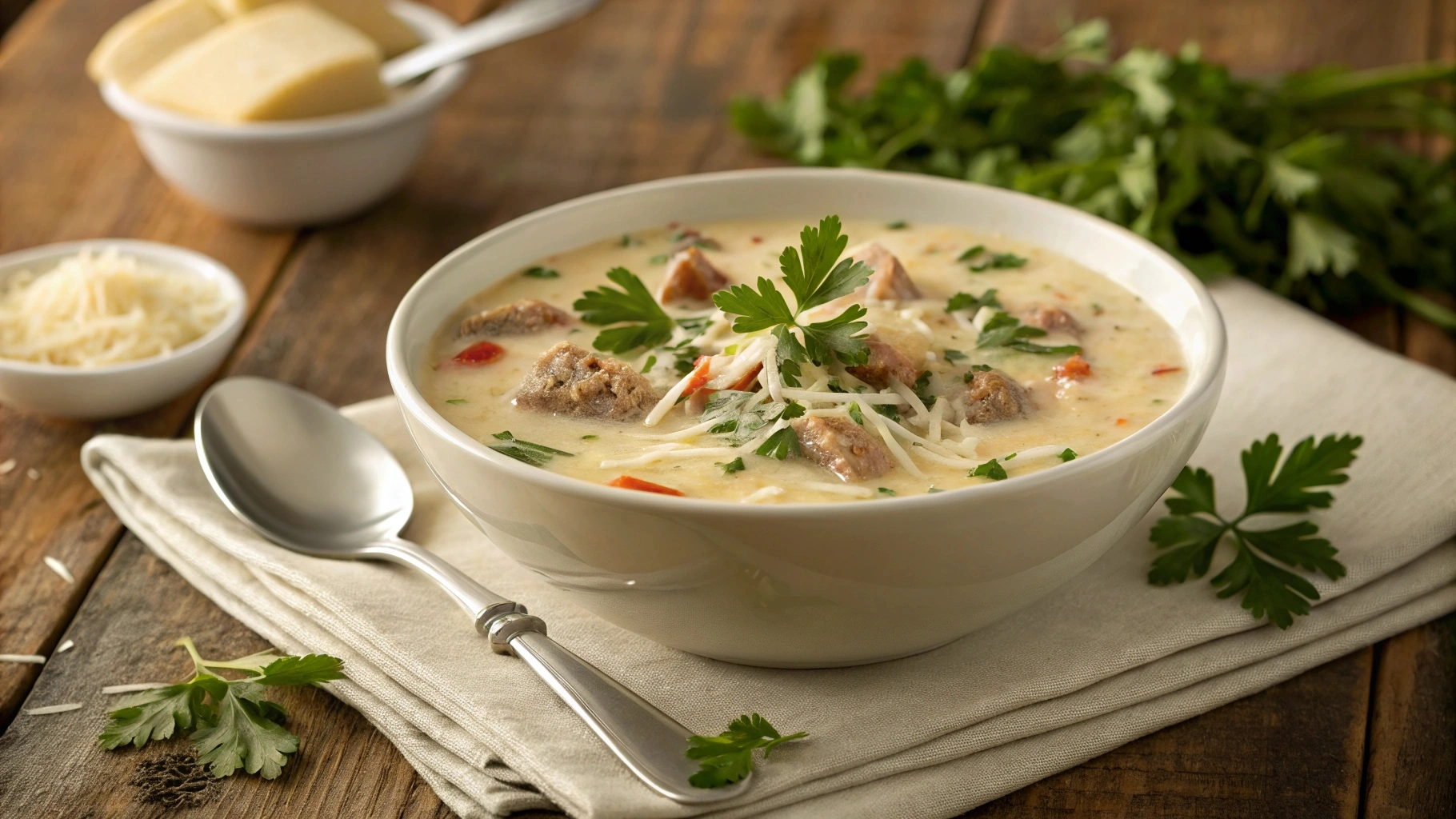 Bowl of Creamy Parmesan Italian Sausage Soup garnished with parsley