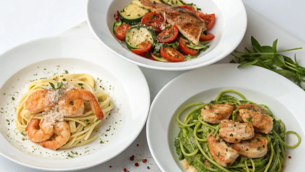 Garlic parmesan chicken pasta variations with shrimp and zucchini noodles