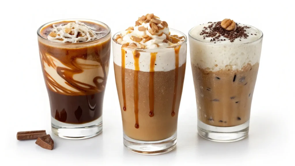 Variations of Mocha Iced Coffee with Caramel and Hazelnut