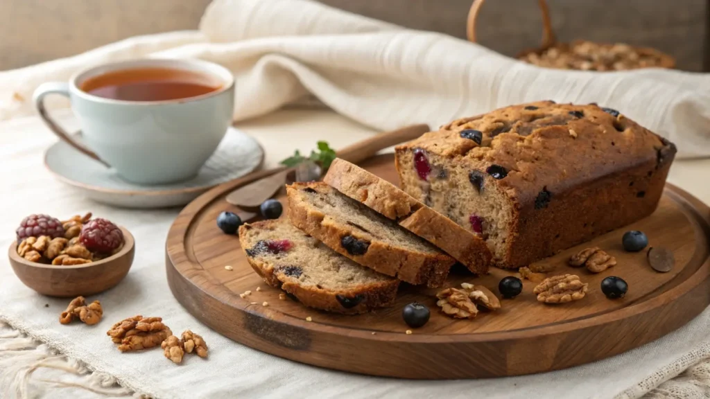 Blueberry lentil bread with walnuts and dried fruit.