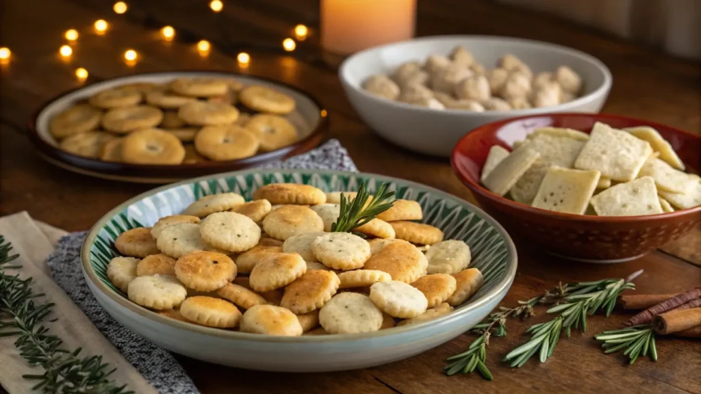 Flavored gluten-free oyster crackers on separate plates.