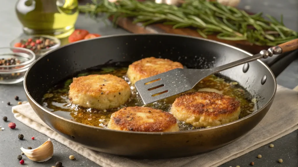 Fishcakes frying to golden perfection for stir fry