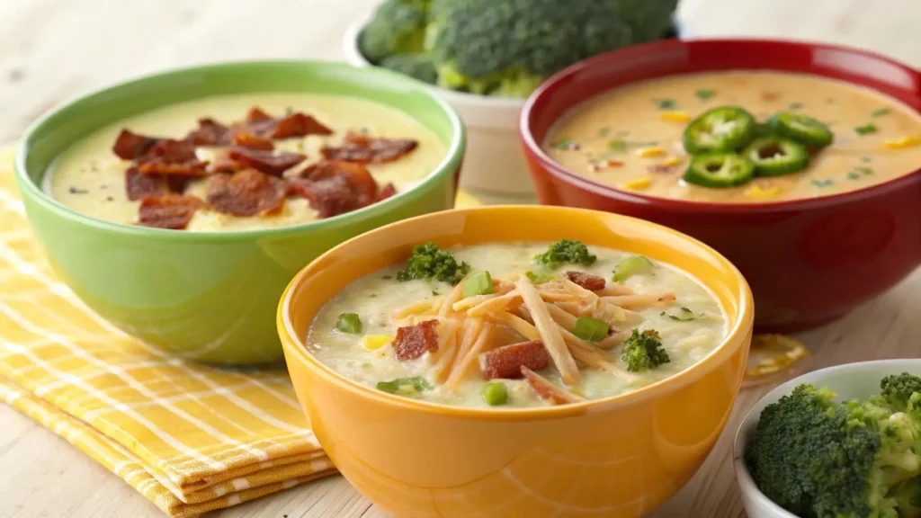 Three bowls of crock pot cheesy potato soup with different toppings