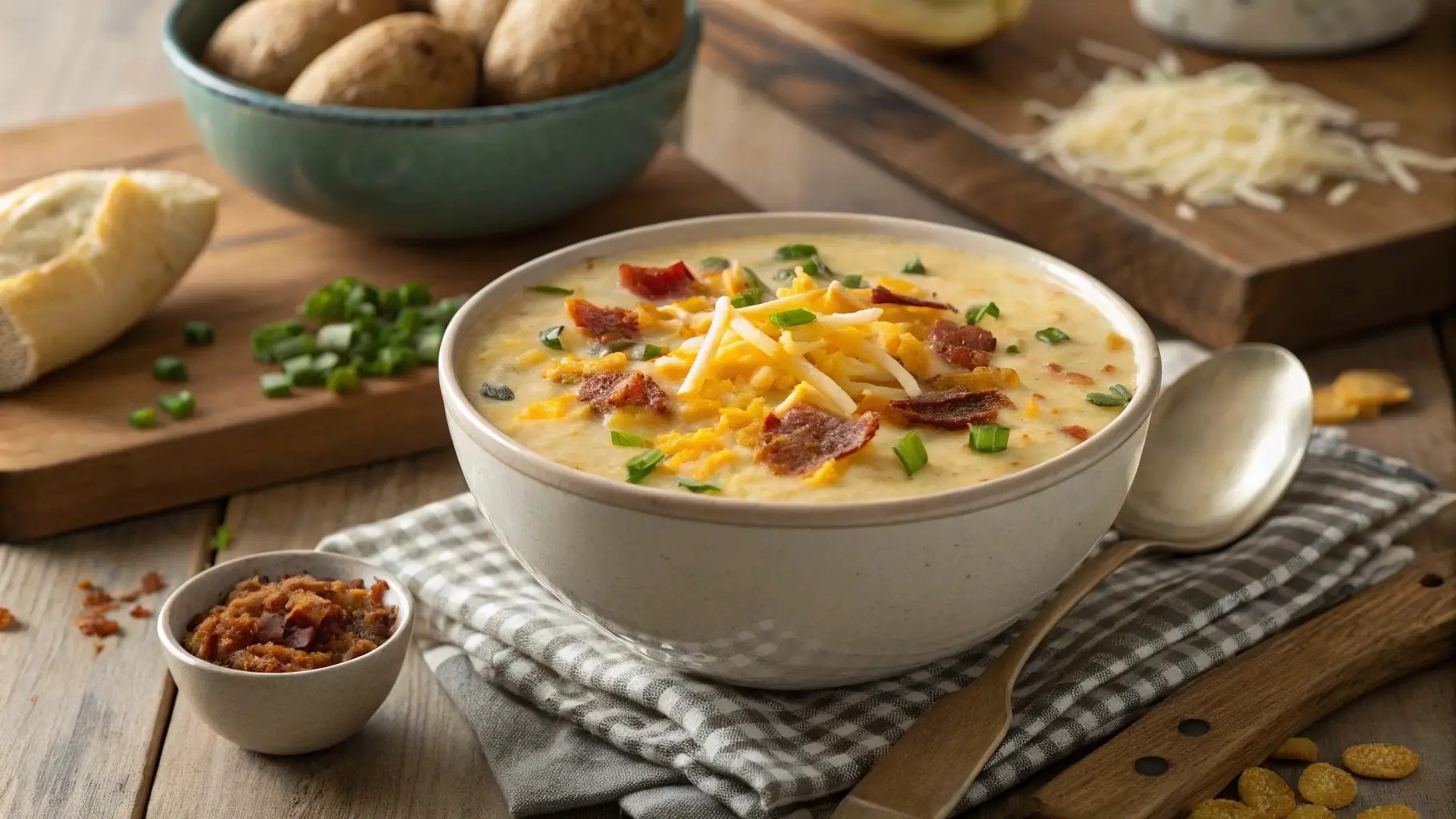 Bowl of crock pot cheesy potato soup with bacon and chives