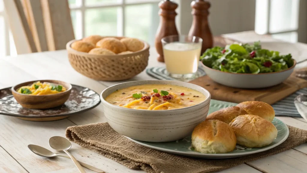 Crock pot cheesy potato soup served with bread and salad