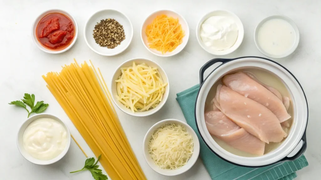 Ingredients for crockpot chicken spaghetti on a countertop