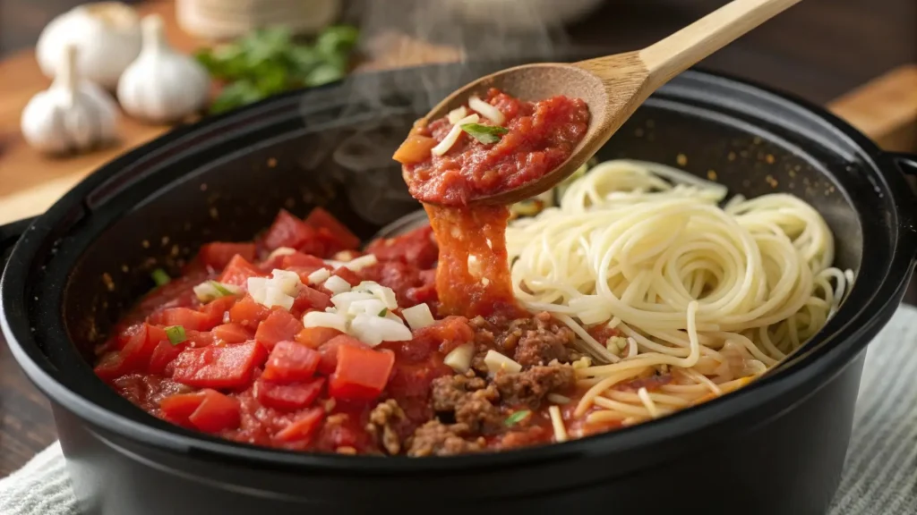 Crockpot spaghetti sauce cooking in a slow cooker.