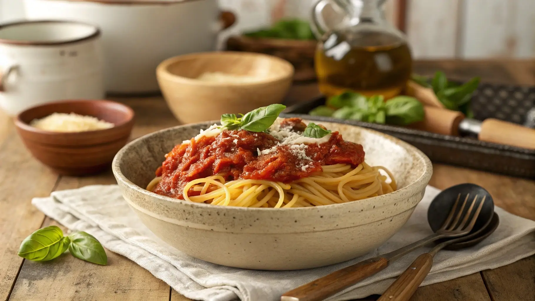 Crockpot spaghetti sauce with spaghetti in a rustic bowl.