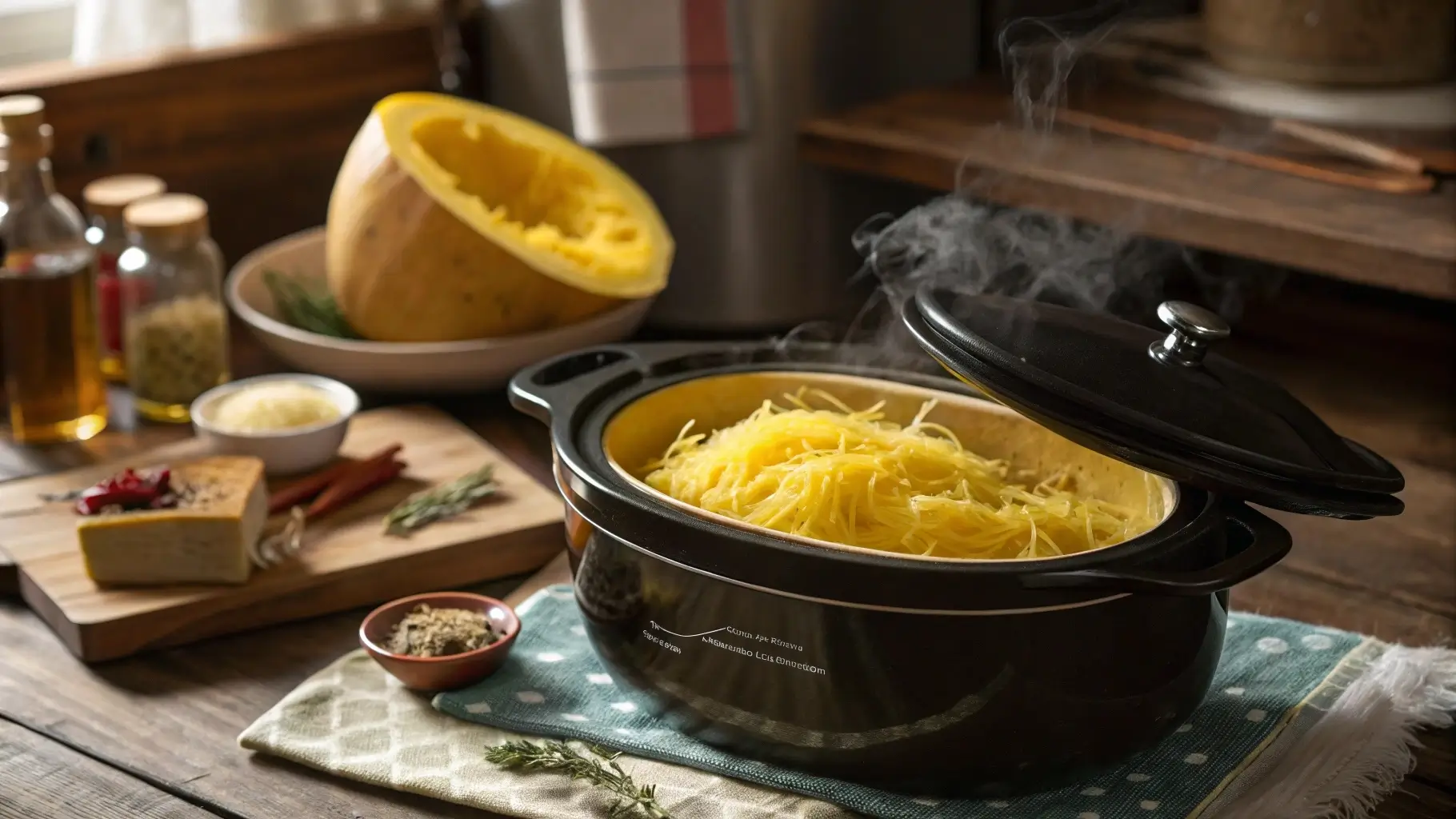 Whole crockpot spaghetti squash cooking in a slow cooker