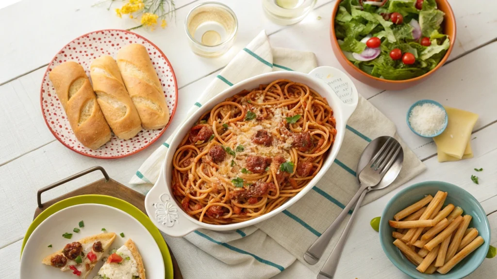 Family-style serving of Crockpot Spaghetti with sides