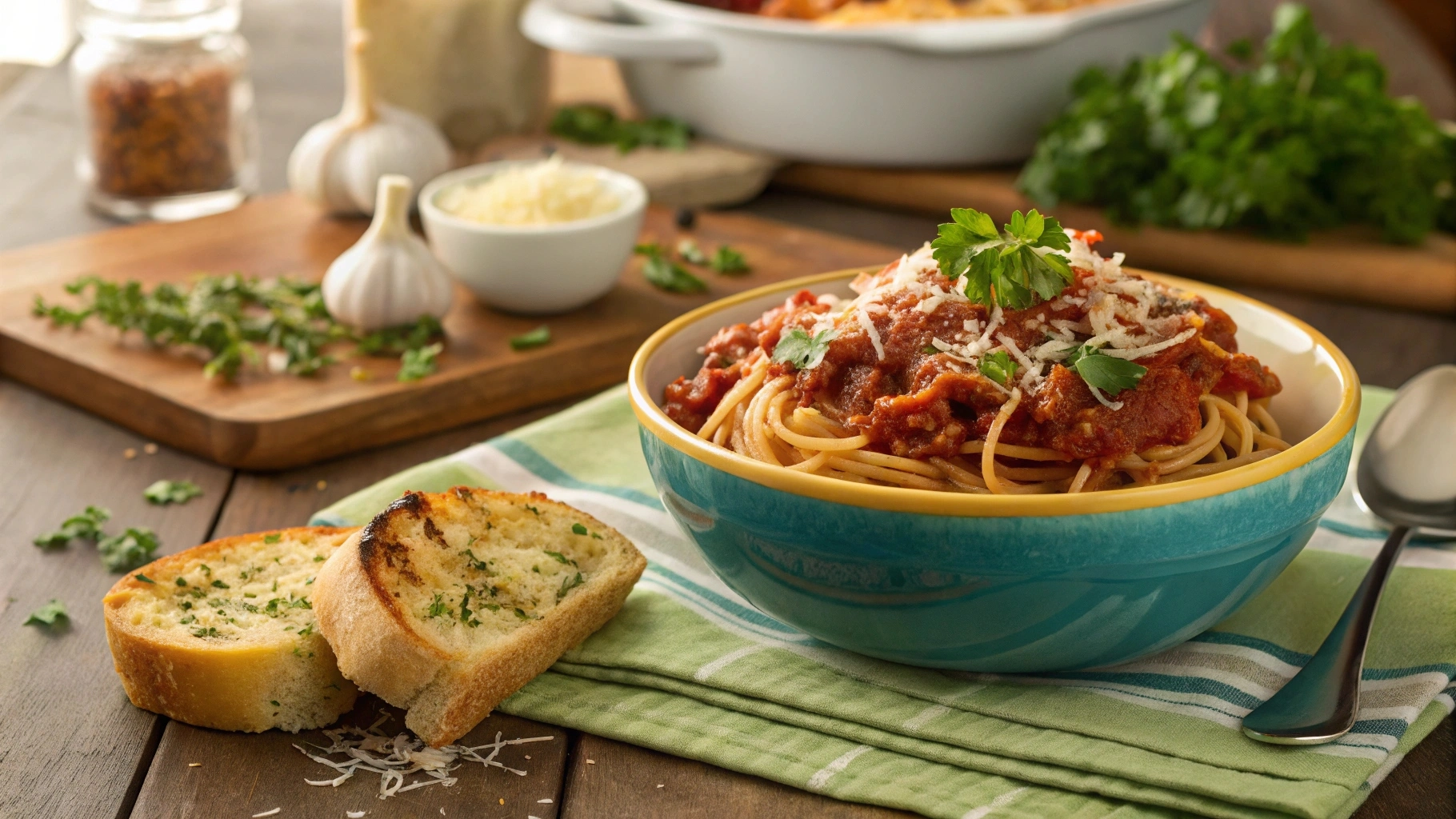 Crockpot Spaghetti served in a bowl with Parmesan and garlic bread