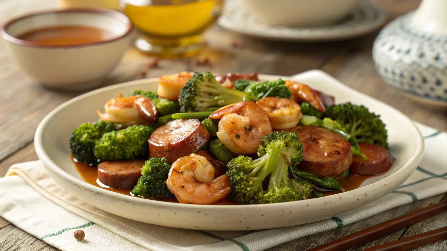 Steaming Plate of Honey Garlic Shrimp, Sausage, and Broccoli