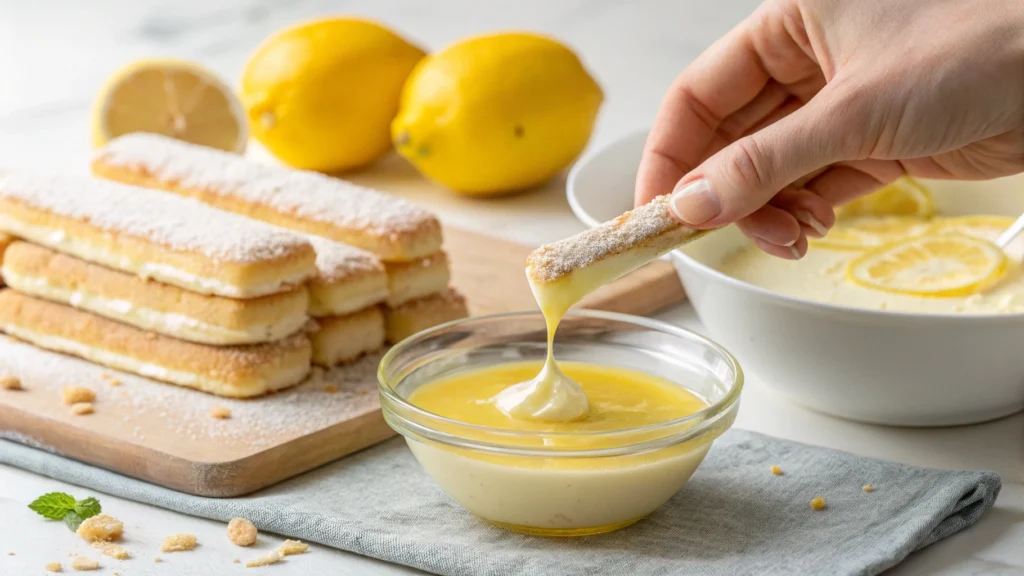 Hand dipping ladyfingers into limoncello syrup for tiramisu