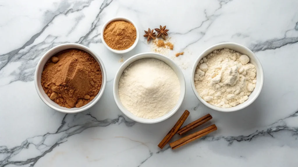 Dry ingredients for Chobani Banana Bread Recipe in separate bowls on a marble countertop