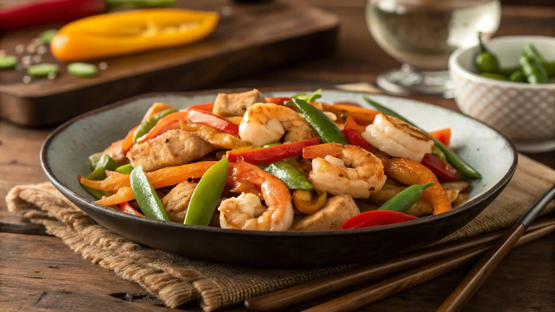 Easy Chicken and Shrimp Recipes stir-fry with colorful vegetables on a wooden table