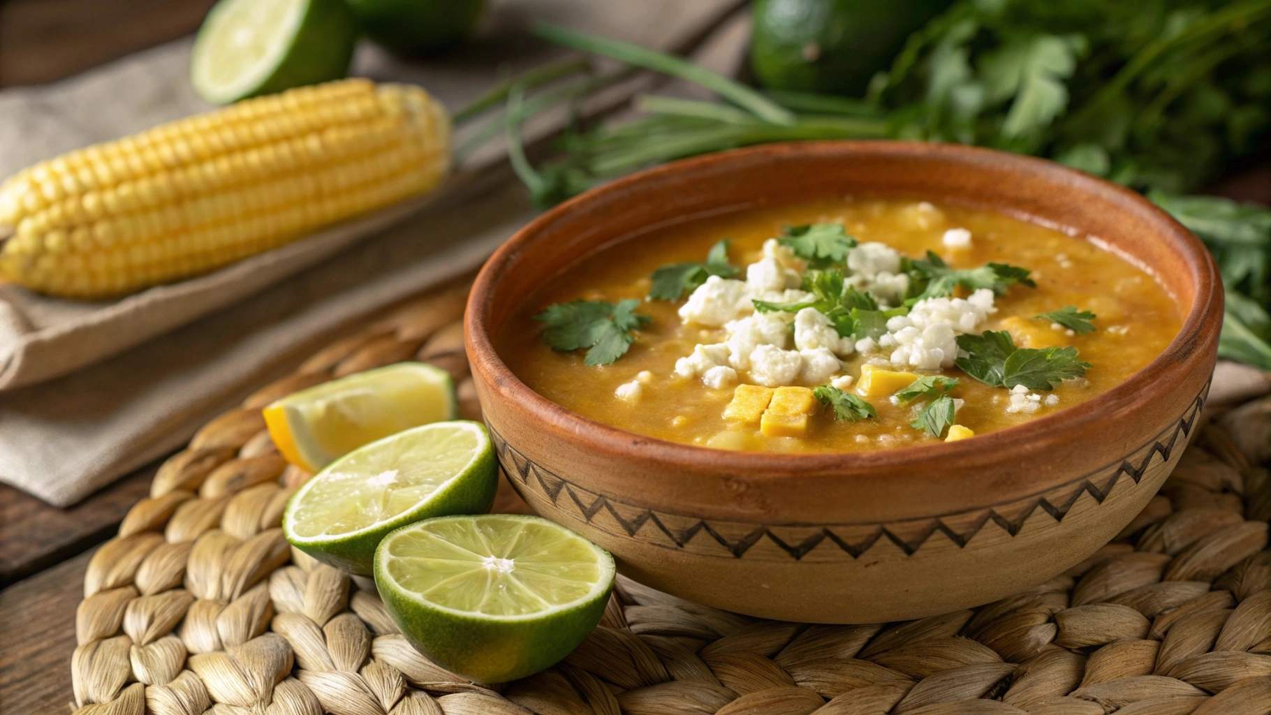 A bowl of El Salvadoran corn soup garnished with queso fresco and cilantro