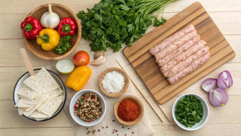 Ingredients for Chicken Adana Kebab arranged on a wooden countertop