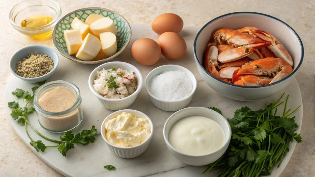 Ingredients for crab brûlée including crab meat, eggs, and cream