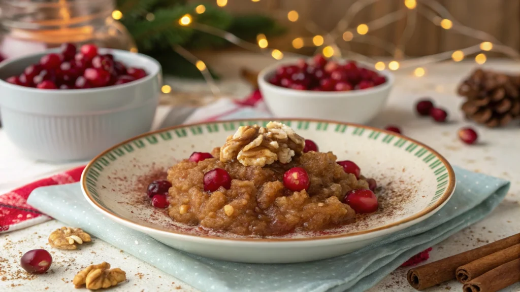 Cinnamon applesauce with cranberries and walnuts on a holiday table