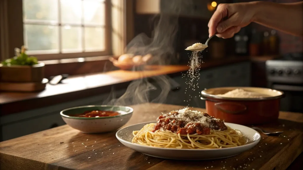 Adding Parmesan to spaghetti with crockpot spaghetti sauce.