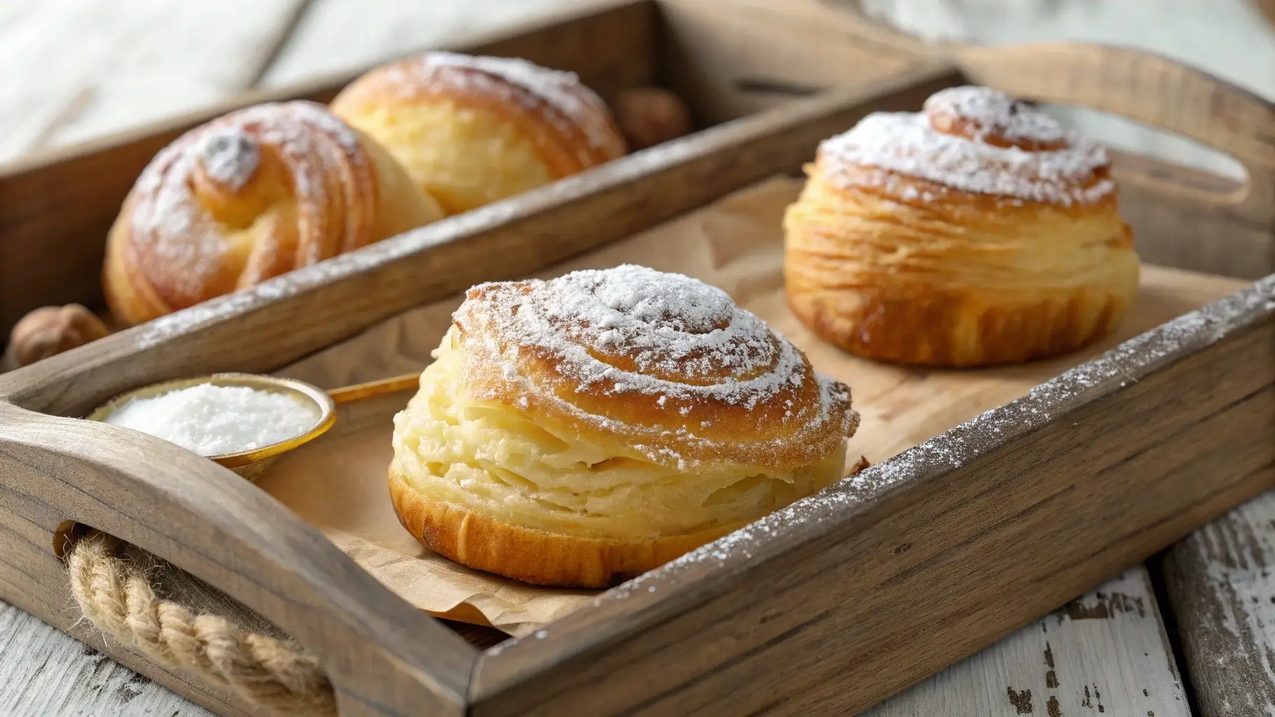 Golden lobster tail pastries dusted with powdered sugar