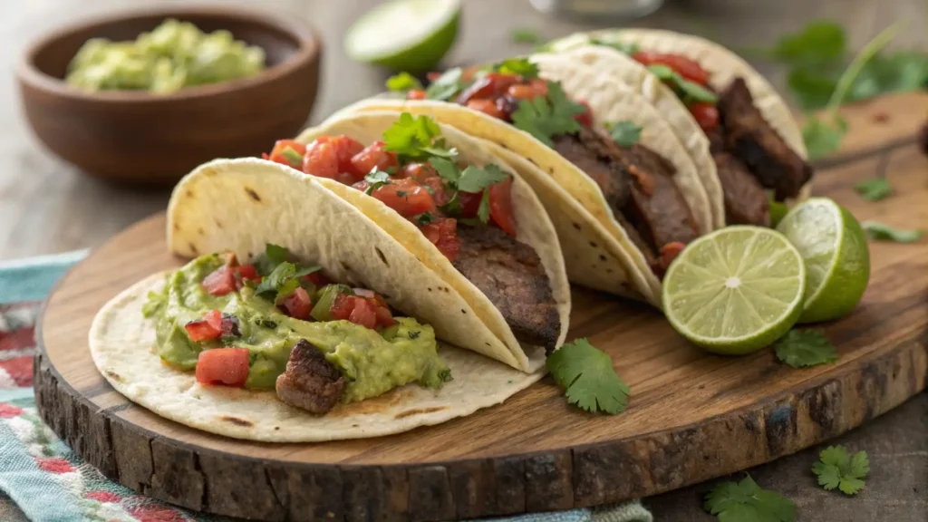 Chipotle steak tacos with guacamole and fresh salsa