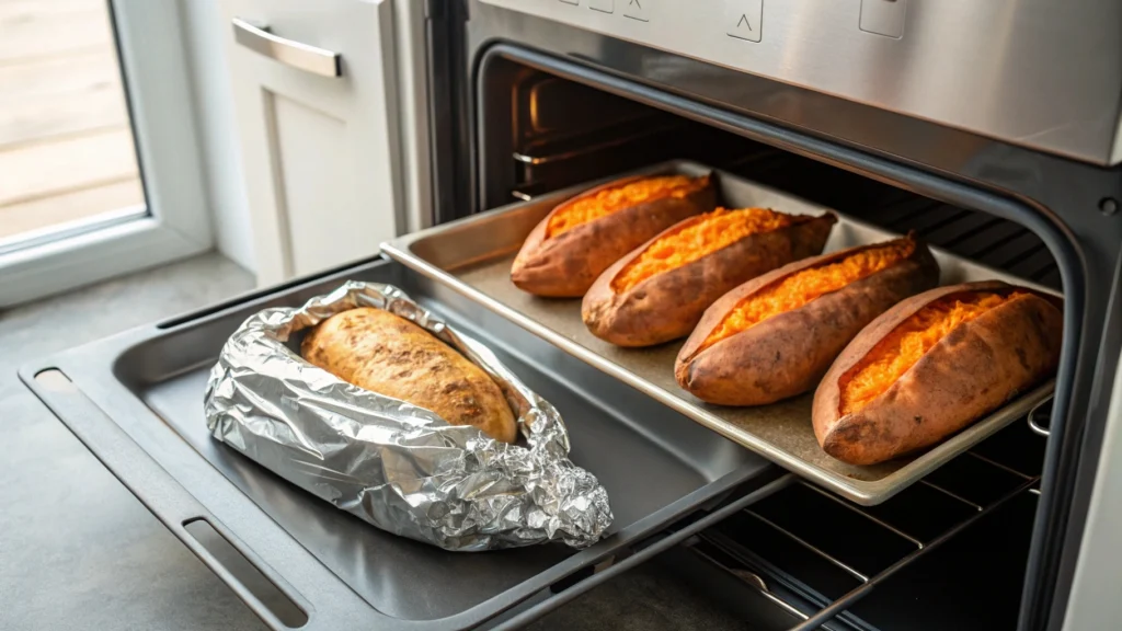 Sweet potatoes on a baking tray, with one wrapped in foil and others unwrapped