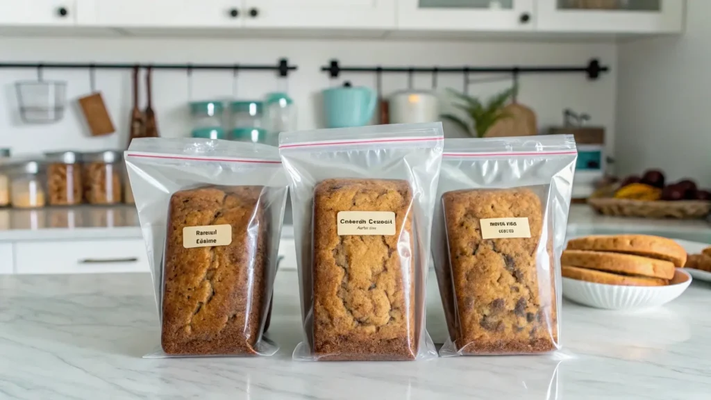 Individually wrapped slices of banana bread in a labeled freezer bag