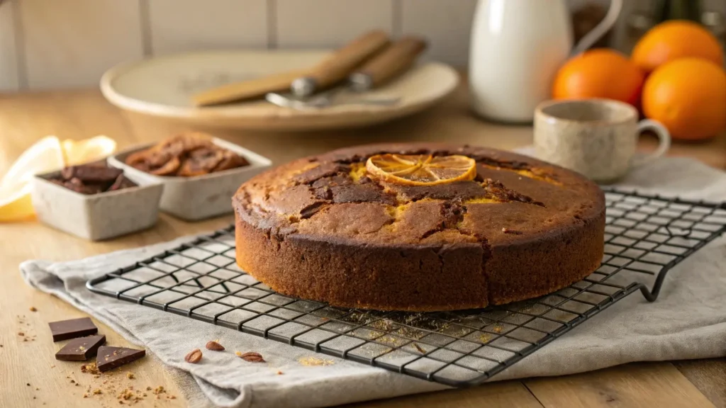 Baked moist chocolate orange almond cake cooling on a rack	