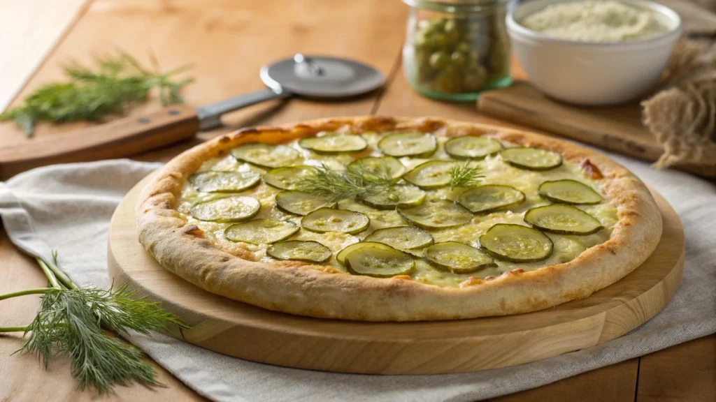 Whole pickle pie pizza with golden cheese and dill garnish