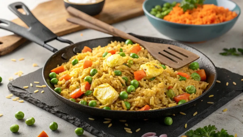 Fried rice on a Blackstone griddle with vegetables