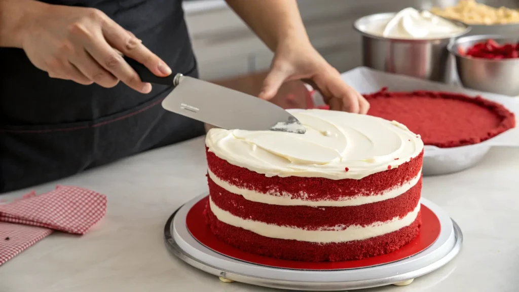 Applying cream cheese frosting to a moist red velvet cake