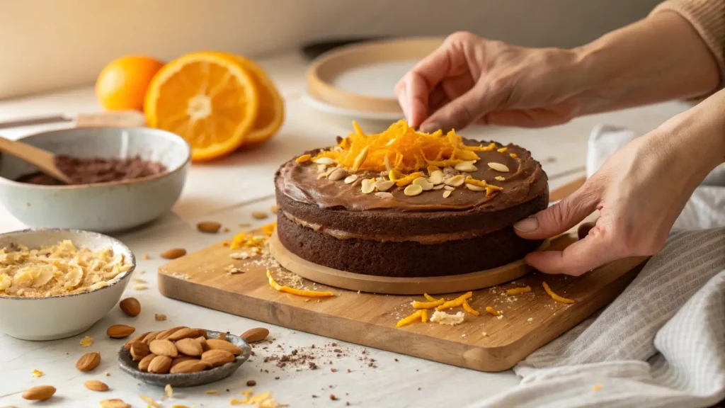 Spreading chocolate orange buttercream on almond cake	