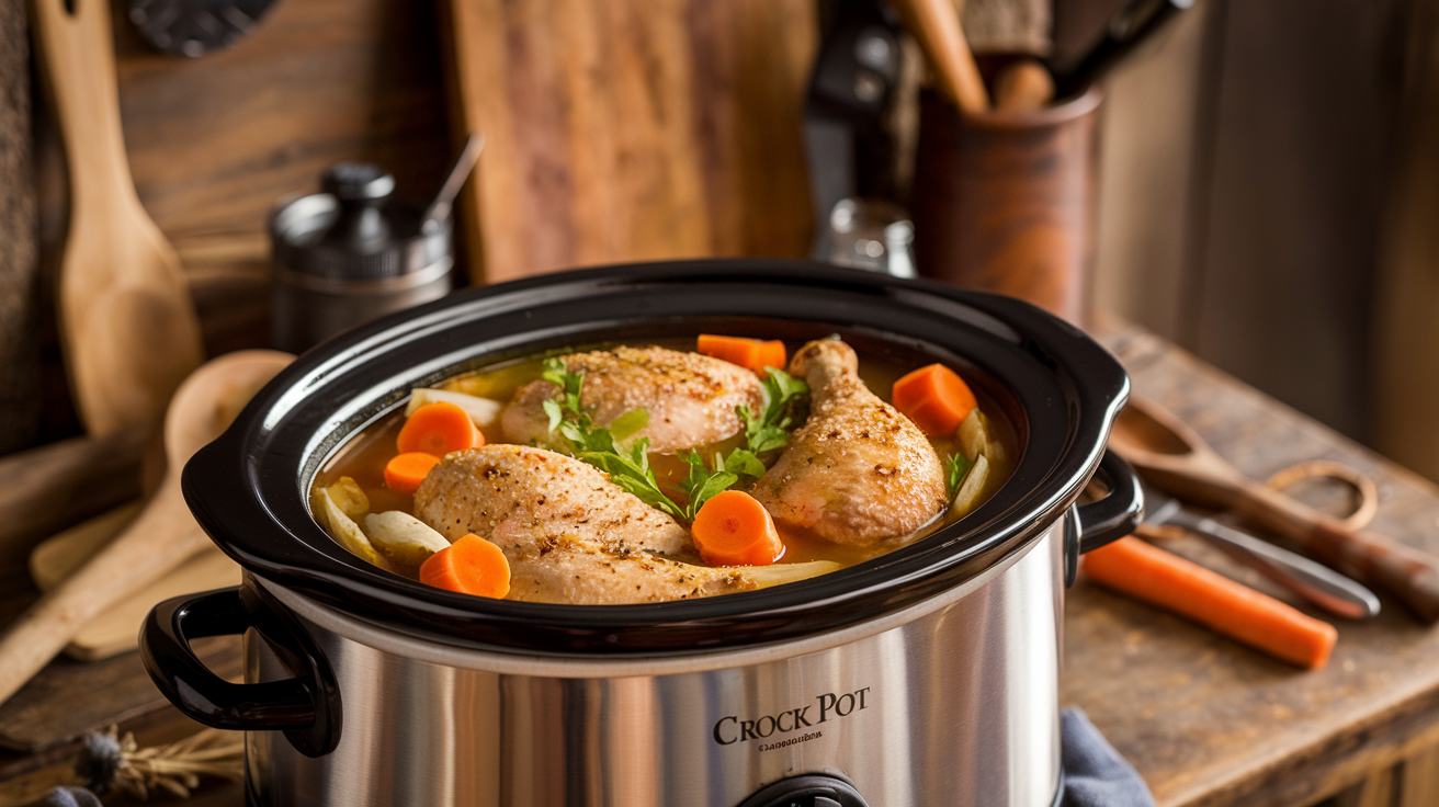 Frozen chicken cooking in a crock pot with vegetables and broth