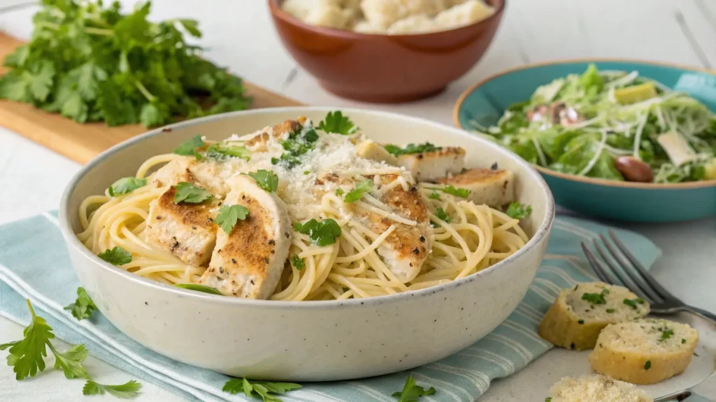 Family-style serving of garlic parmesan chicken pasta with salad