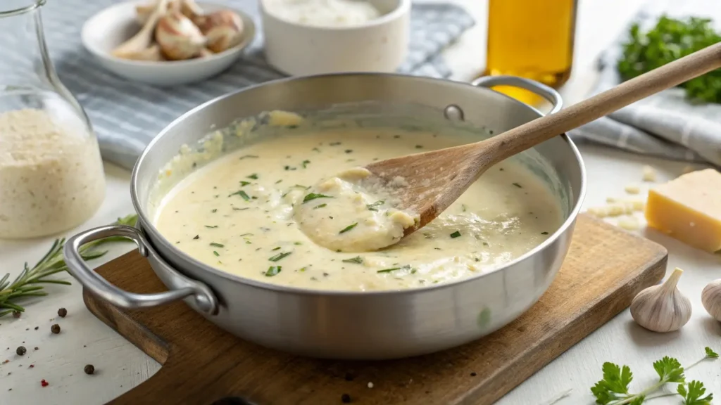 Stirring creamy garlic parmesan sauce in a saucepan