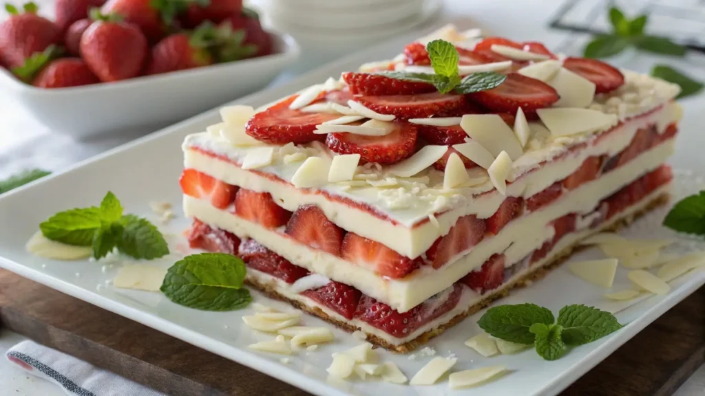 Decorated strawberry lasagna topped with fresh strawberries and chocolate shavings