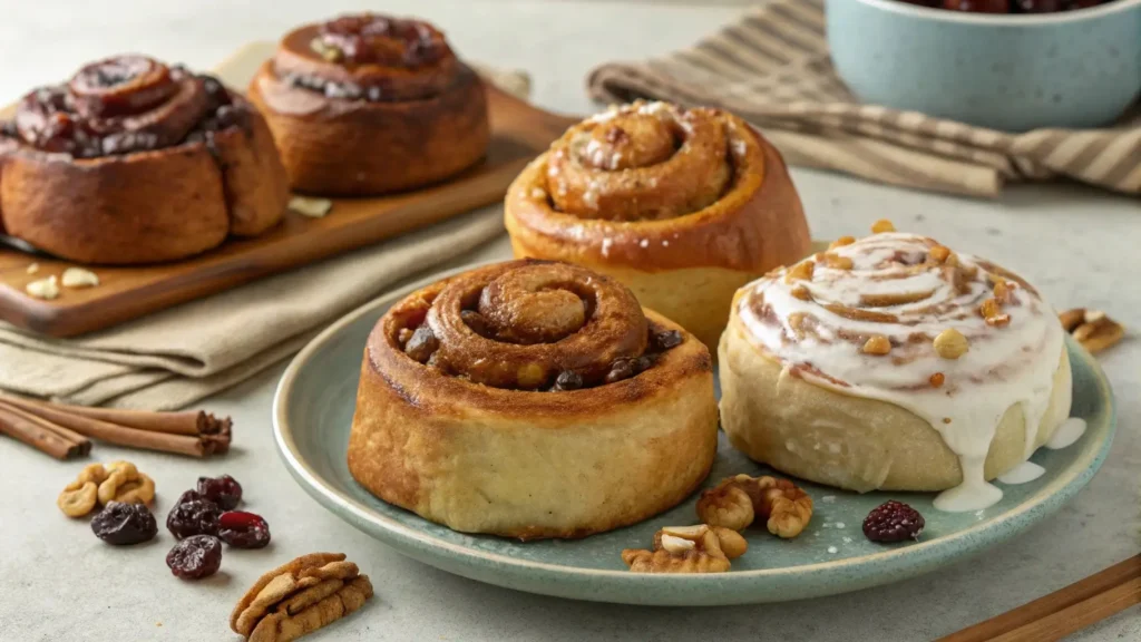 Glazed variations of sourdough cinnamon rolls with cream cheese, maple, and vanilla drizzle