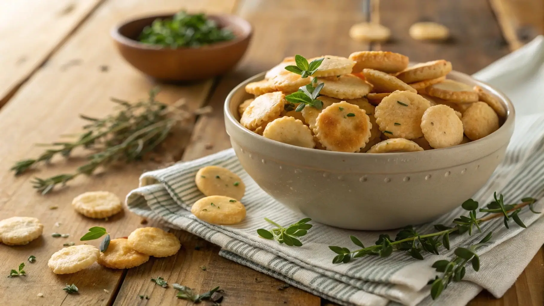 A bowl of gluten-free oyster crackers on a wooden table.