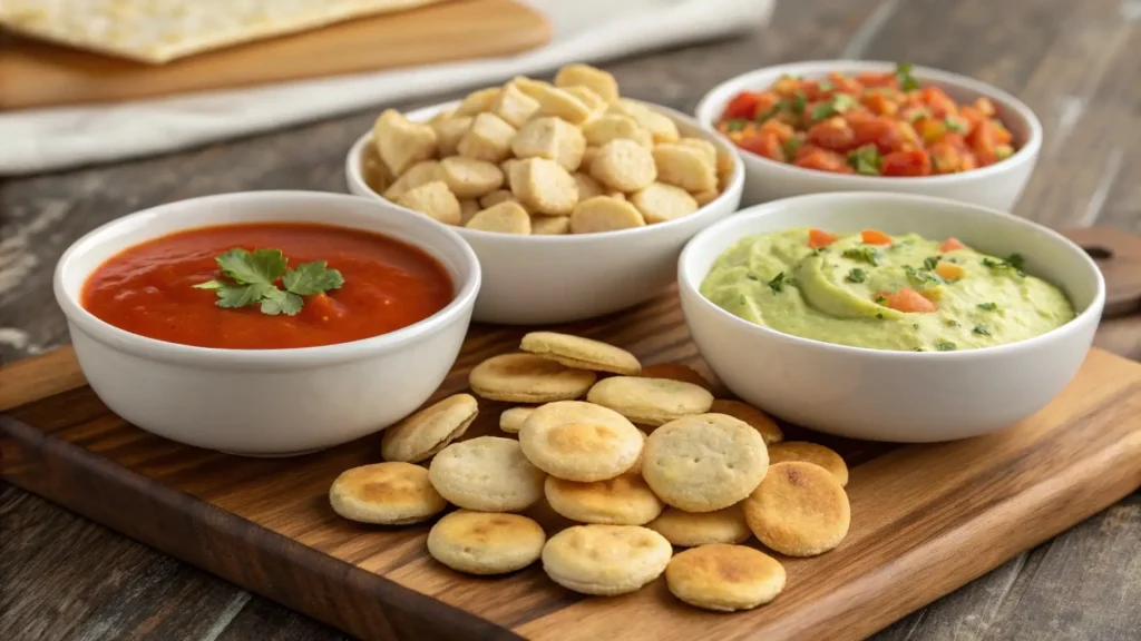 Gluten-free oyster crackers served with dips and soup.