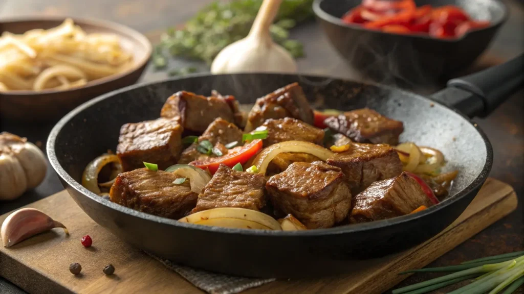 Sautéing Beef with Aromatics for Beef Pares Recipe