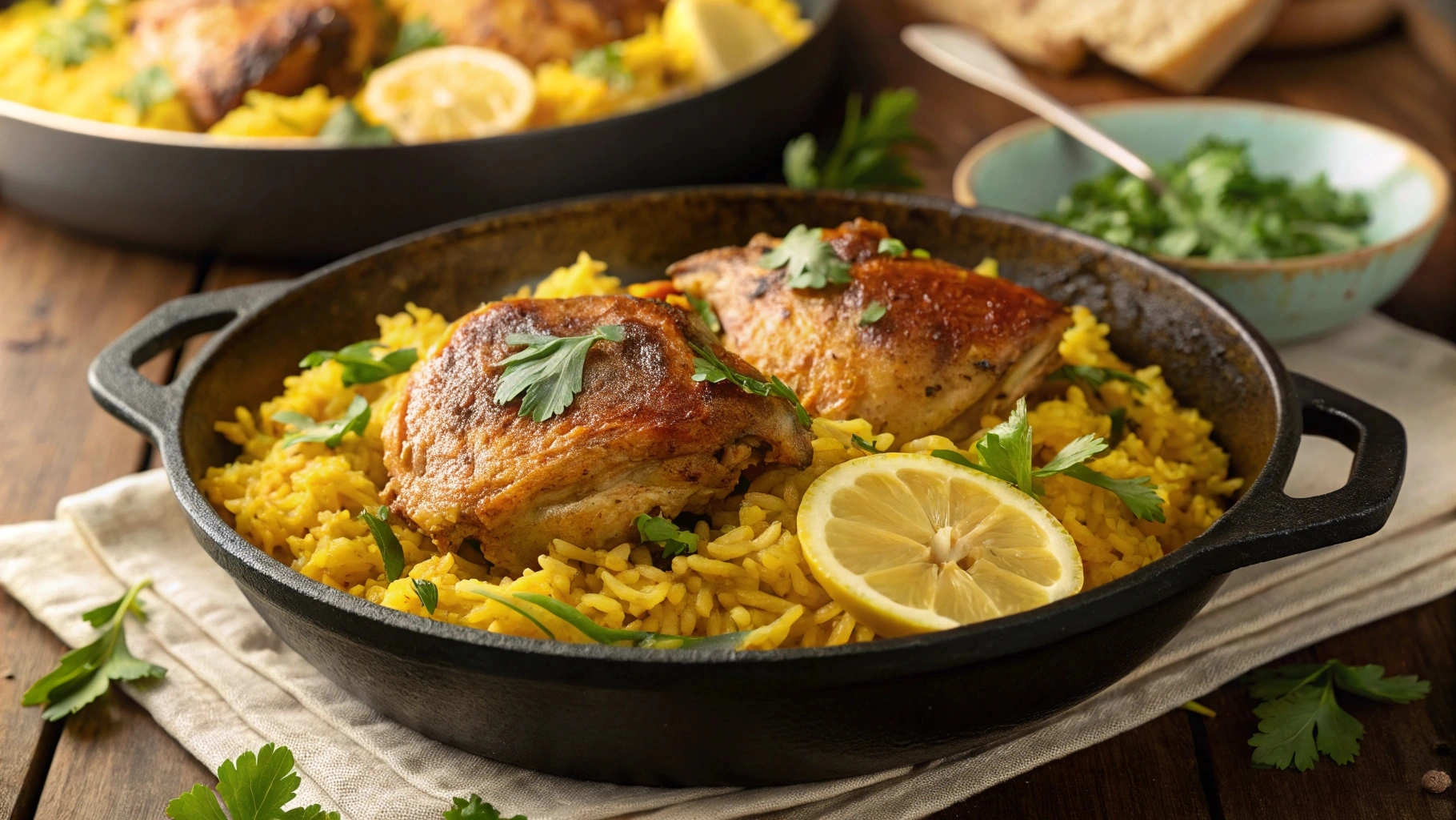 Chicken and yellow rice recipe served in a skillet with parsley and lemon